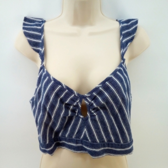 AEO Chambray Striped Crop Top Smocked Cotton Blend 2016 L American Eagle - Picture 3 of 16